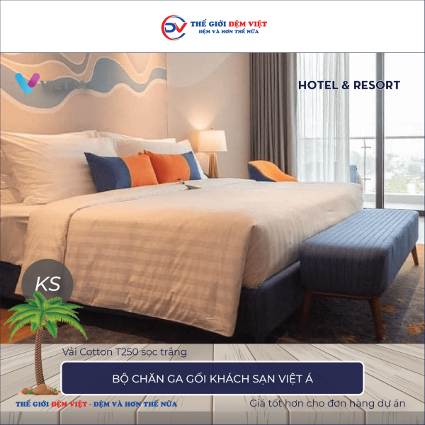Bộ chăn ga gối khách sạn Việt Á Cotton T250 sọc trắng
